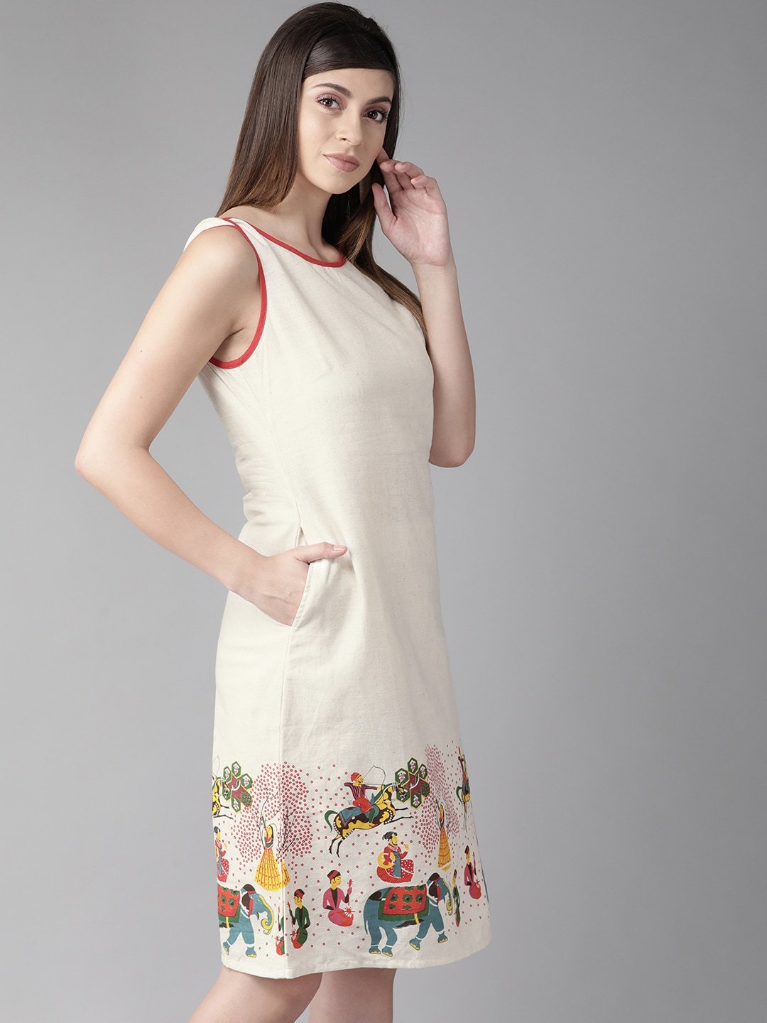 Women's  Off-White & Red Printed A-Line Dress