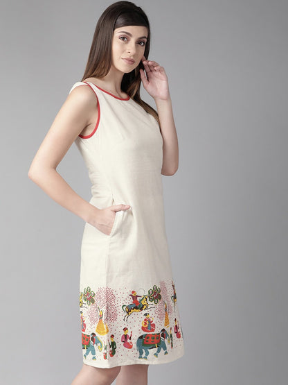 Women's  Off-White & Red Printed A-Line Dress