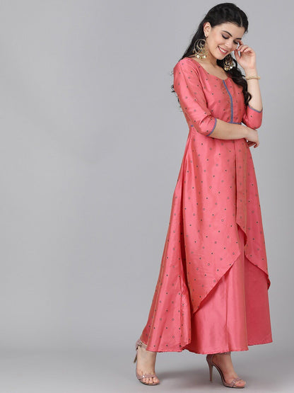Women's  Pink Embroidered Layered Ethnic Maxi Dress