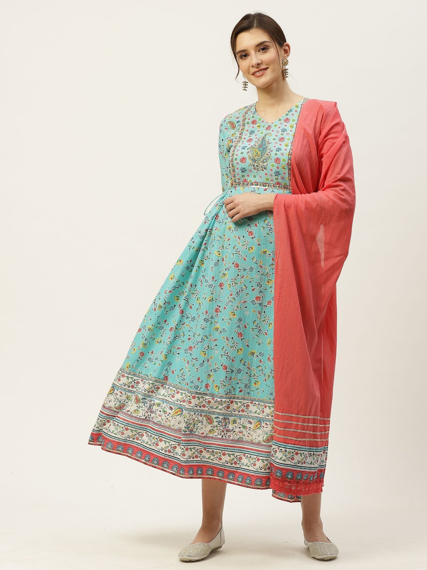 Women's Floral Printed Anarkali Dress & Dupatta Set