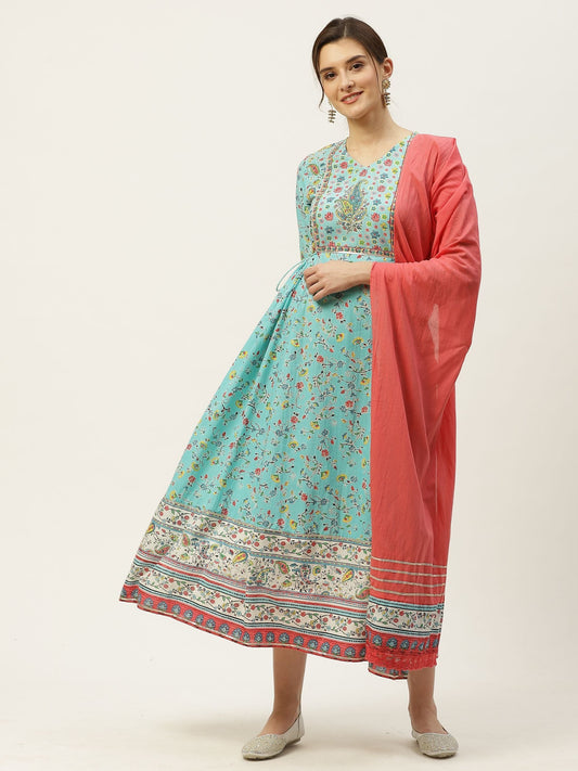 Women's Floral Printed Anarkali Dress & Dupatta Set