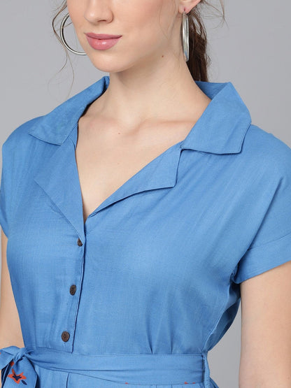 Women's  Blue Solid Shirt Dress With Belt