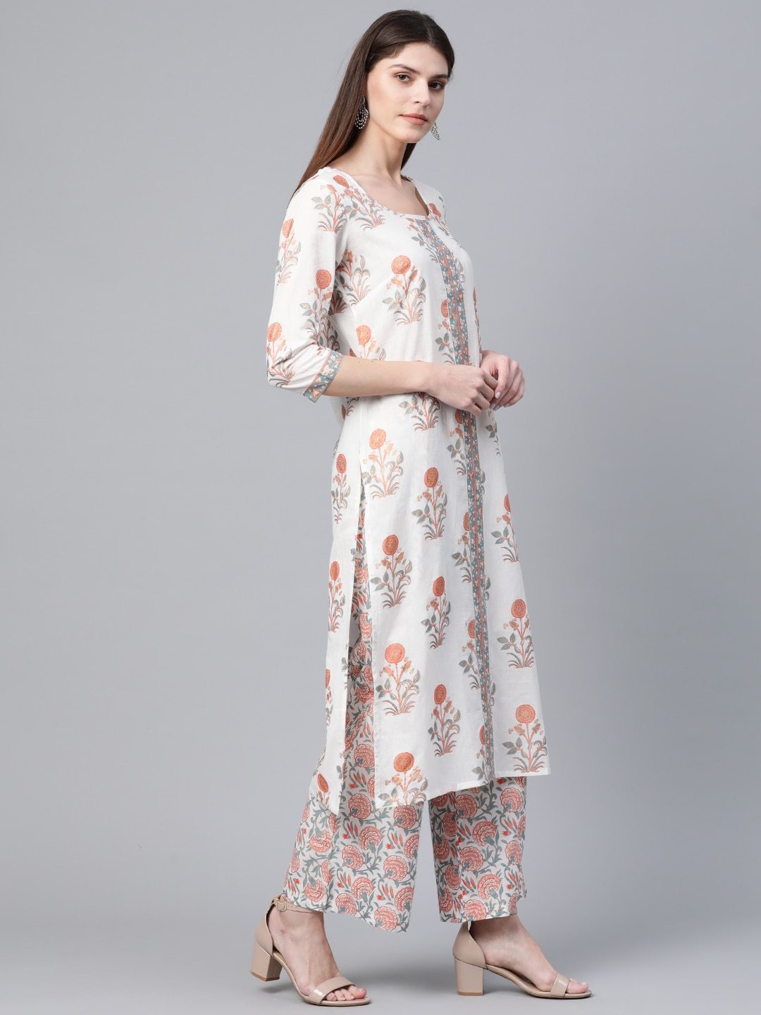 Women's  White & Pink Floral Foil Print Kurta with Palazzos