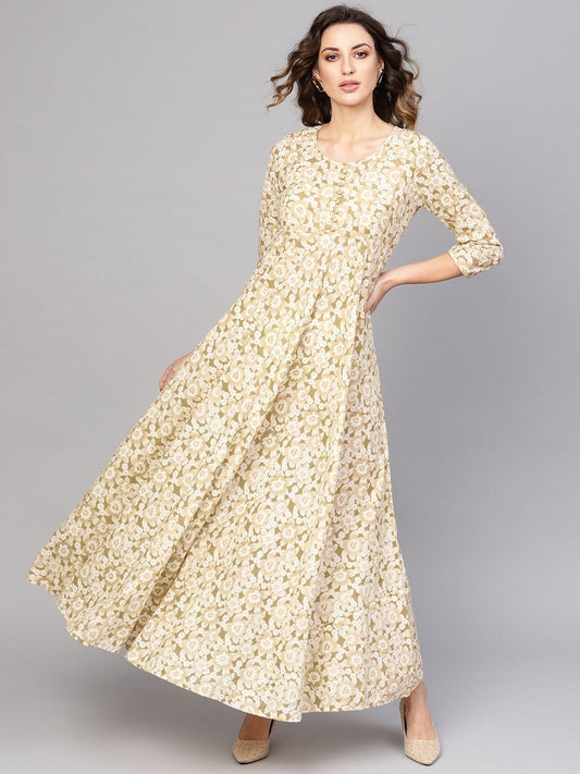 Women's  Off-White & Beige Floral Print Maxi Dress