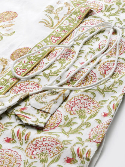 Women's  White & Green Angrakha Printed Straight Kurta