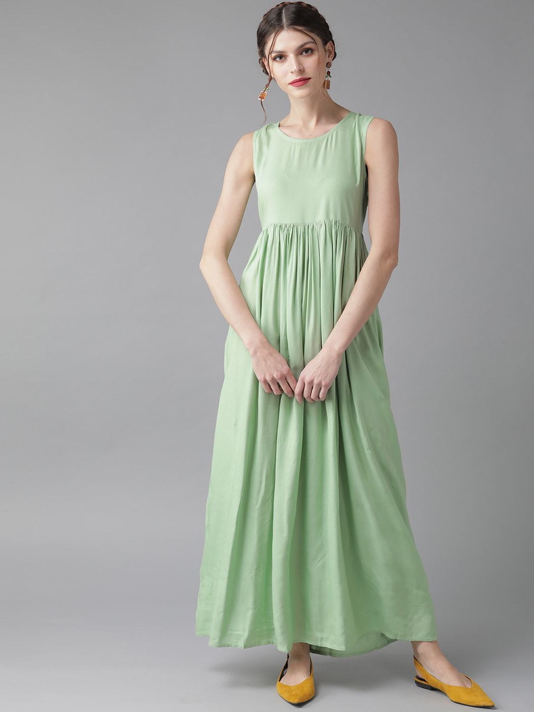 Women's  Green & Mustard Yellow Printed Layered Maxi Dress