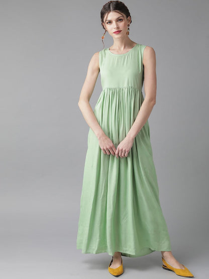 Women's  Green & Mustard Yellow Printed Layered Maxi Dress