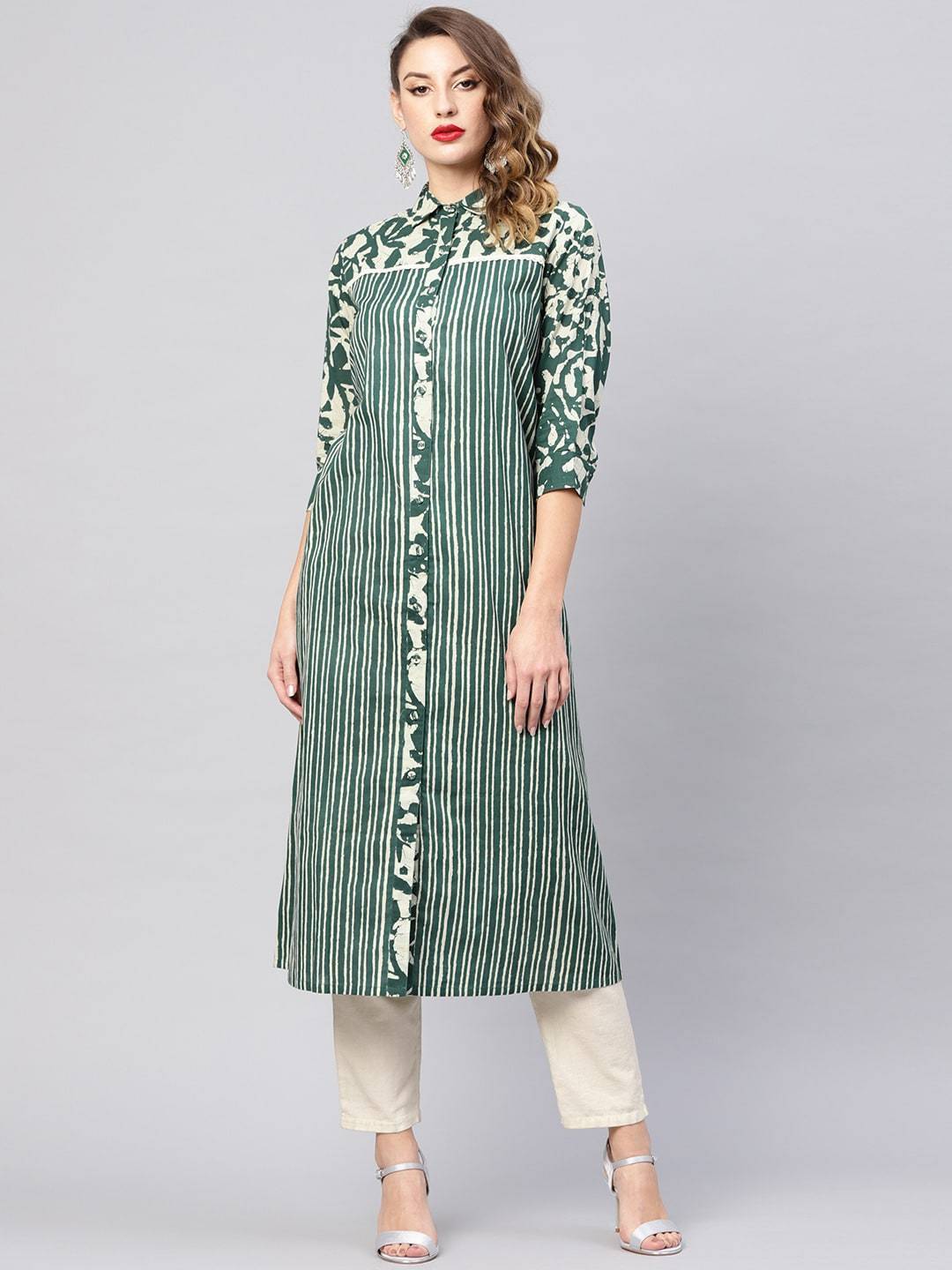 Women's  Green & Beige Striped Shirt A-Line Kurta
