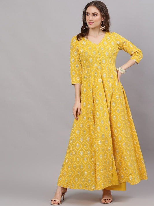 Women's  Yellow Self Design Kurta with Trousers