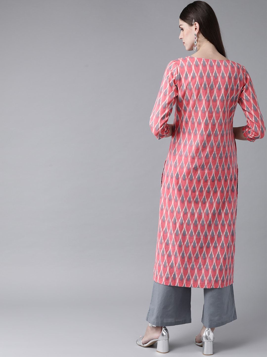 Women's  Pink & Grey Printed Straight Kurta