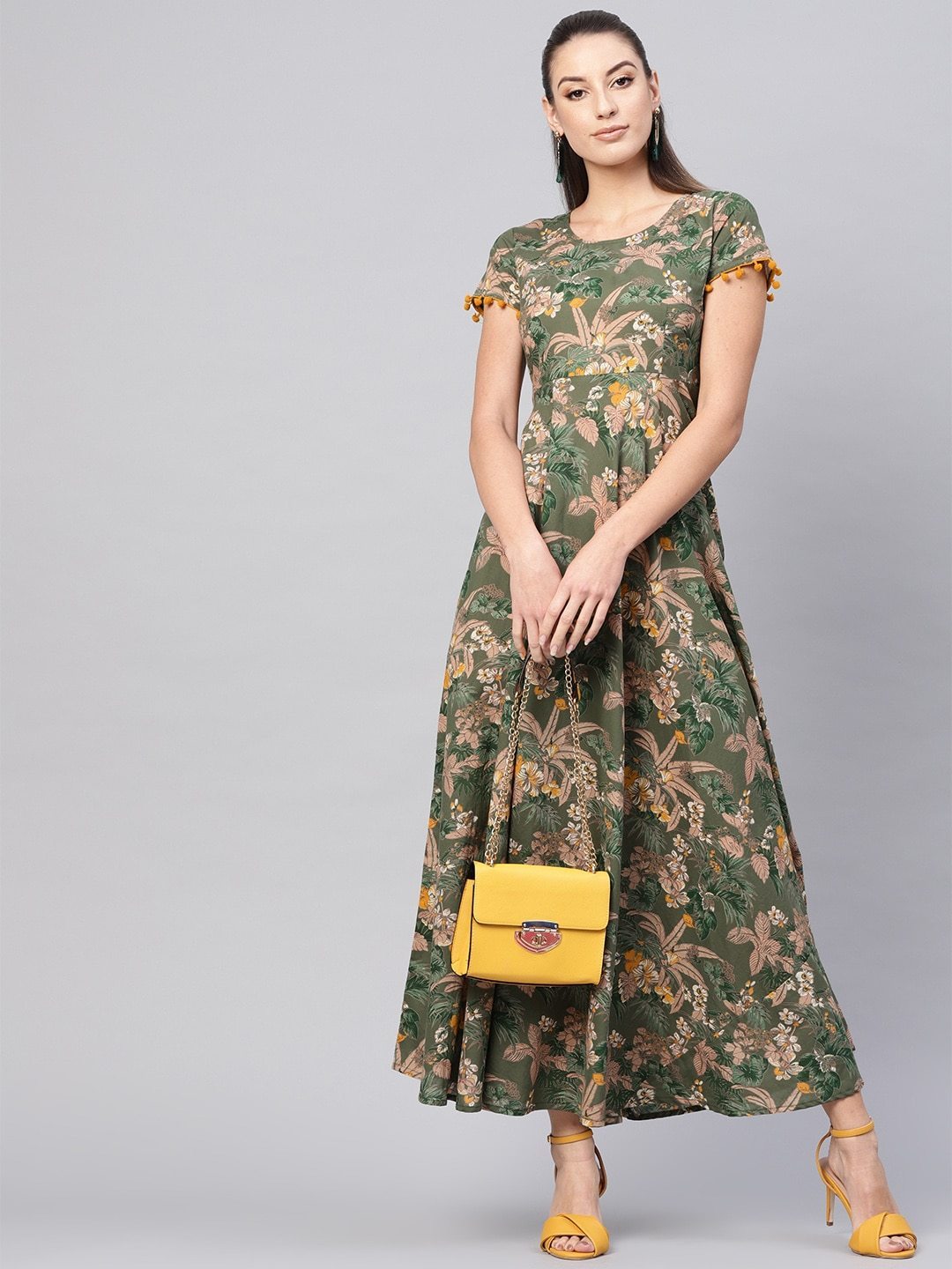 Women's  Olive Green & Beige Floral Printed Maxi Dress