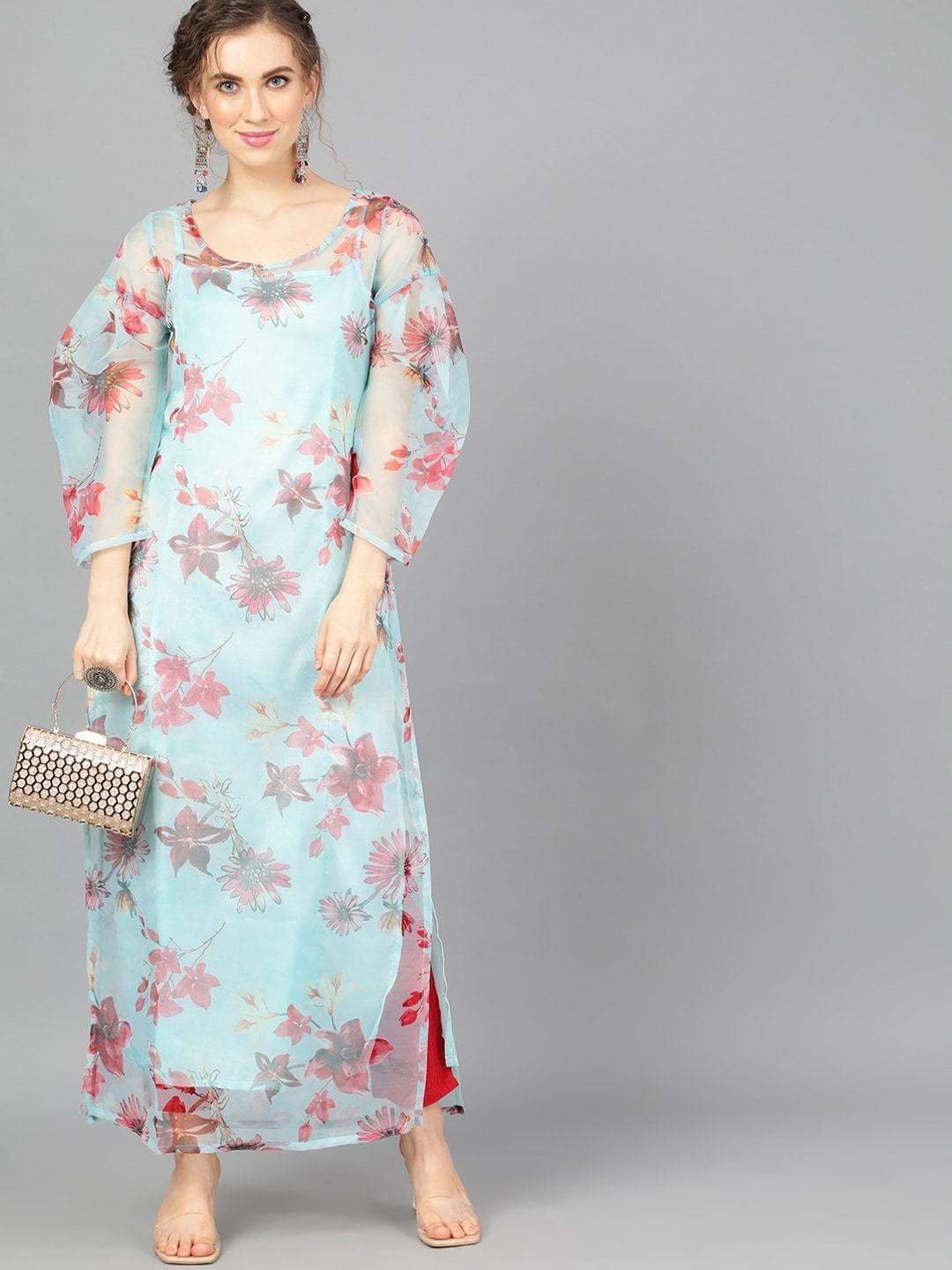Women's  Turquoise Blue Printed Straight Kurta