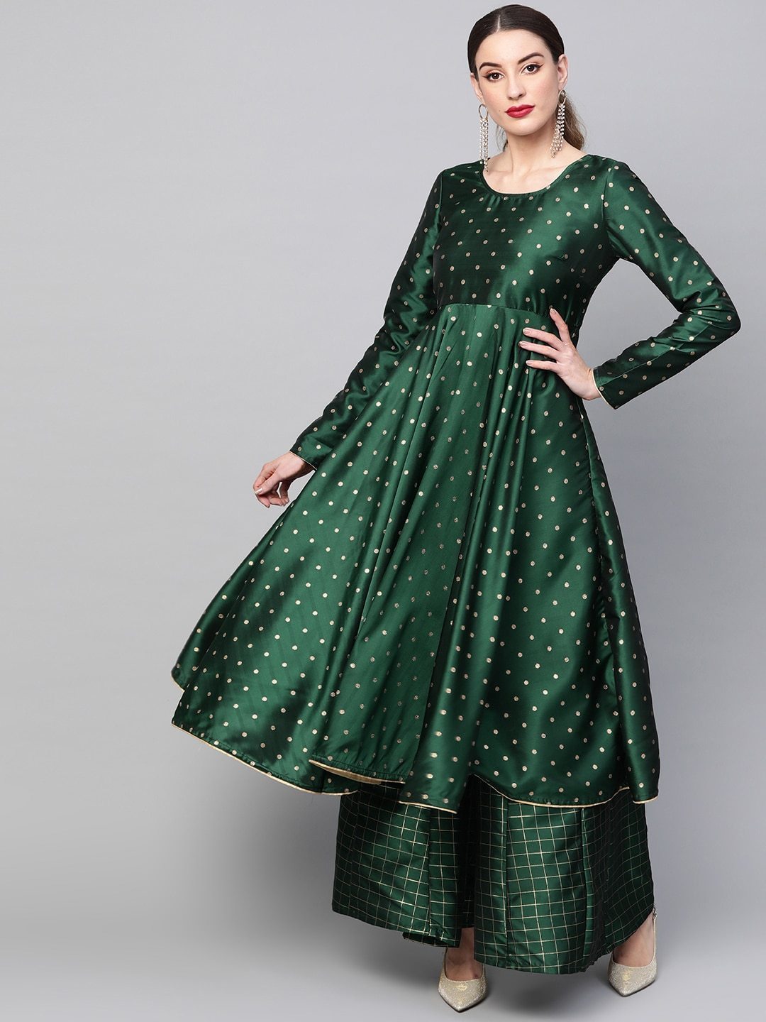 Women's  Green & Golden Woven Design Anarkali Kurta