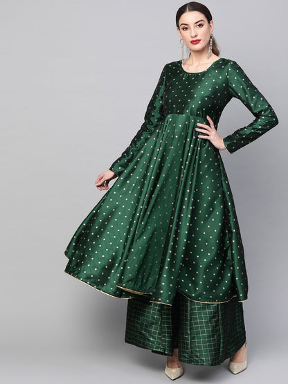 Women's  Green & Golden Woven Design Anarkali Kurta