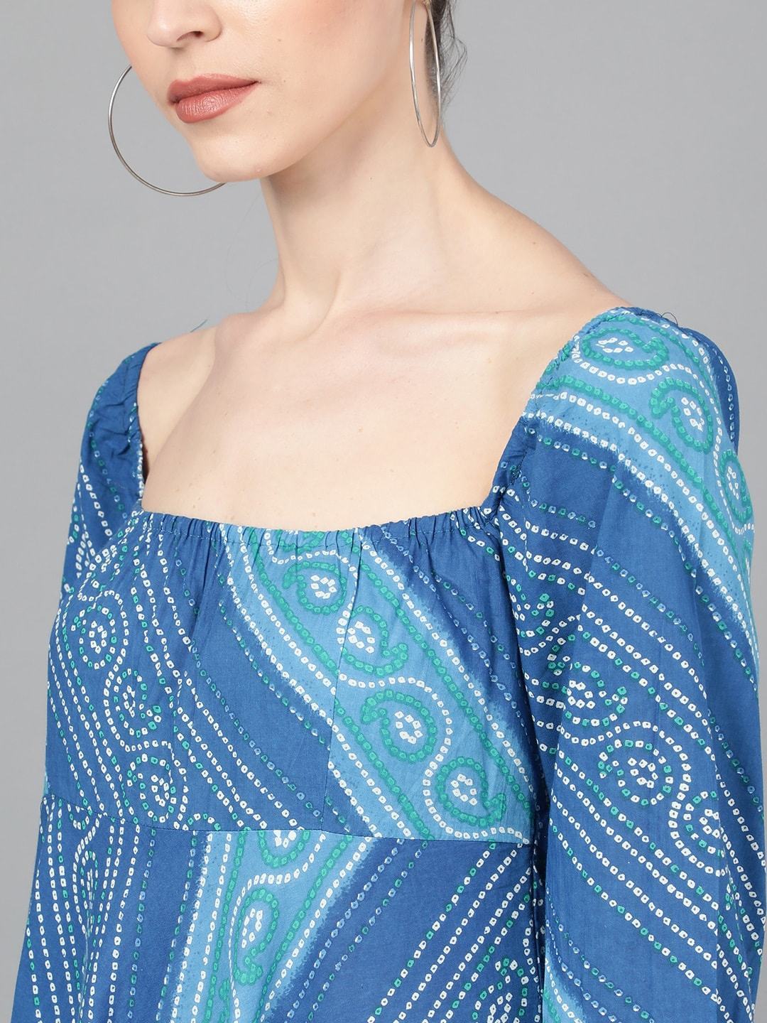 Women's  Blue Bandhani Printed Fit and Flare Dress