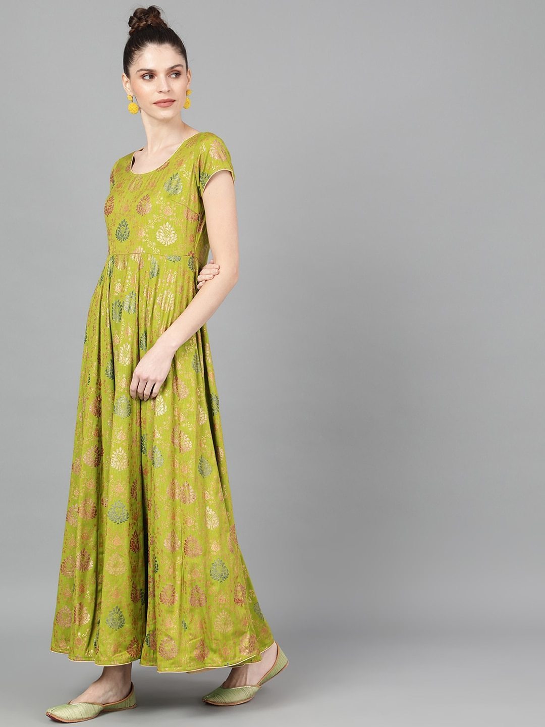 Women's  Green Printed Ethnic Maxi Dress
