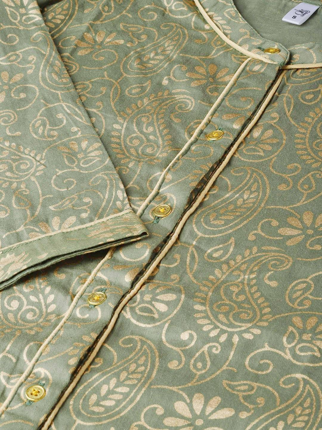 Women's  Olive Green & Golden Block Print Kurta with Palazzos