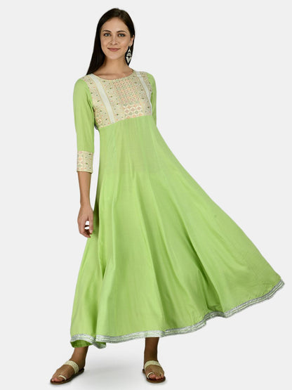 Women's Green Rayon Printed 3/4 Sleeve Round Neck Casual Anarkali Dupatta Set