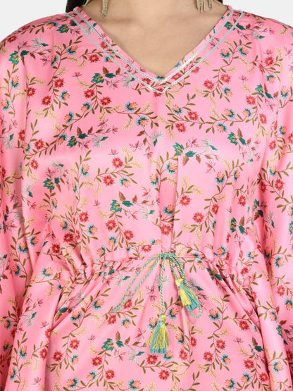 Women's Pink Polyester Printed Full Sleeve V Neck Casual kaftaan