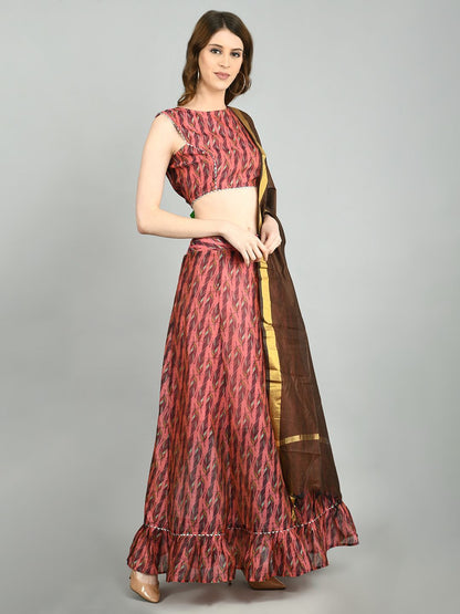 Pink Chanderi Printed Sleeveless Round Neck Casual Blouse Lehenga Dupatta Set
