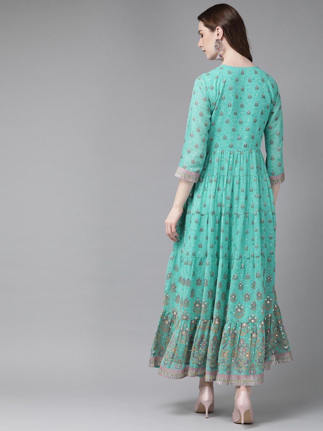 Women's Mint Georgette Printed Tiered Dress1