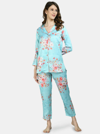 Women Sky Blue Printed Night Suit by Myshka (