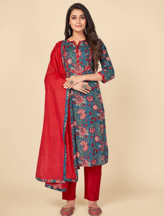 Women's Printed & Gota Patti Work Straight Cotton Blue Kurta Pant With Dupatta (3Pcs Set)