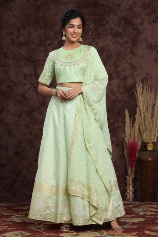 Women's Mint Shantoon Embroidred Lehenga Choli Dupatta Set