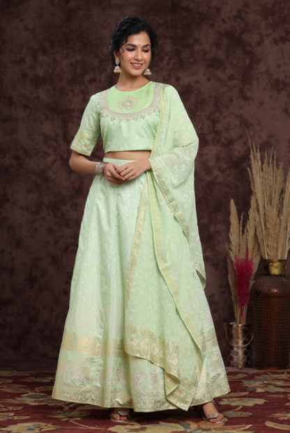 Women's Mint Shantoon Embroidred Lehenga Choli Dupatta Set