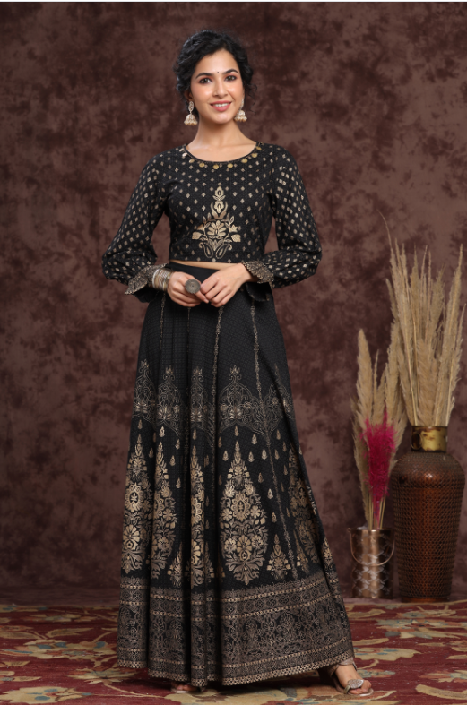 Women's Black Rayon Printed Lehenga Choli Set