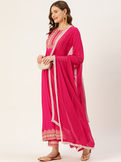 Women's Rani Rayon Panelled Printed A-Line Kurta Trouser Set With Dupatta