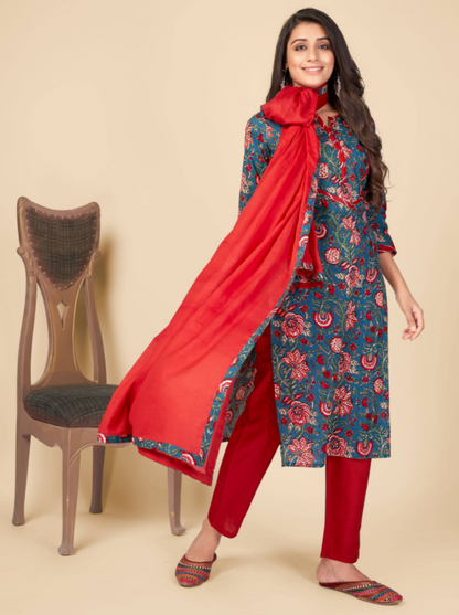 Women's Printed & Gota Patti Work Straight Cotton Blue Kurta Pant With Dupatta (3Pcs Set)
