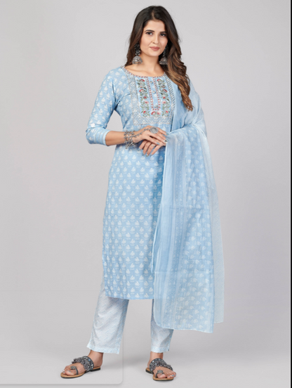 Women's Printed & Embroidered Straight Cotton Sky Blue Stitched Kurta Pant With Dupatta (3Pcs Set)