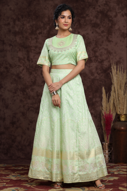 Women's Mint Shantoon Embroidred Lehenga Choli Dupatta Set