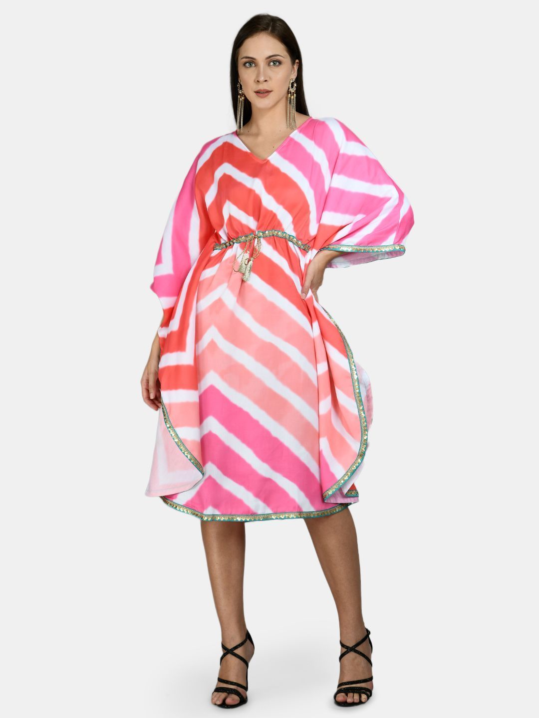 Women's Multi Polyester Printed Full Sleeve V Neck Casual kaftaan