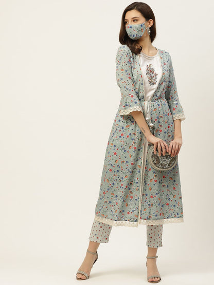 Women's Kurta Pant Set with Printed Jacket