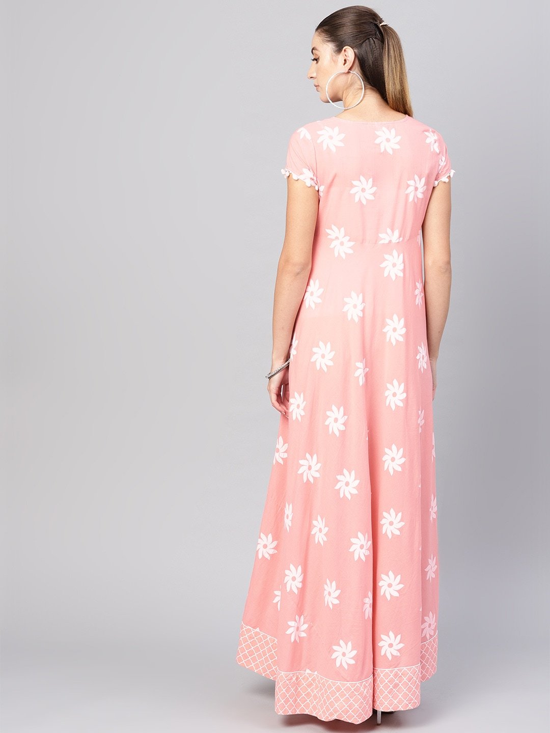 Women's  Peach-Coloured & White Floral Khari Print Maxi Dress