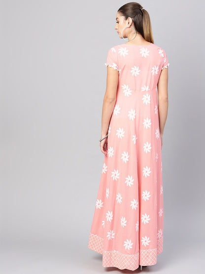 Women's  Peach-Coloured & White Floral Khari Print Maxi Dress