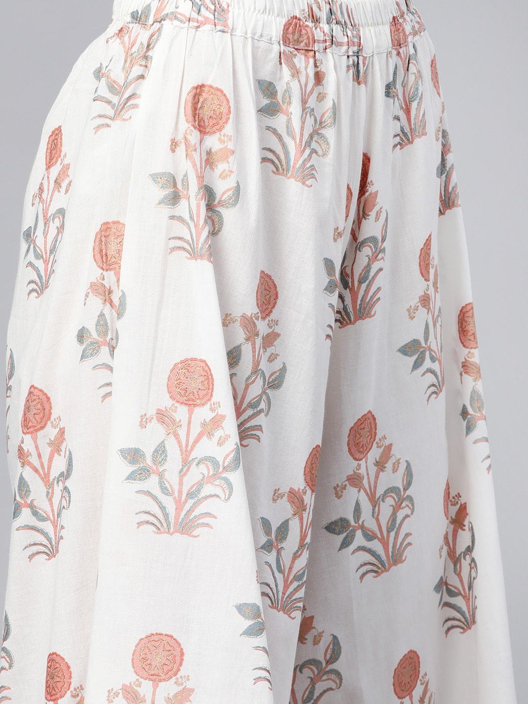 Women's  White & Pink Floral Foil Print Kurta with Palazzos & Dupatta