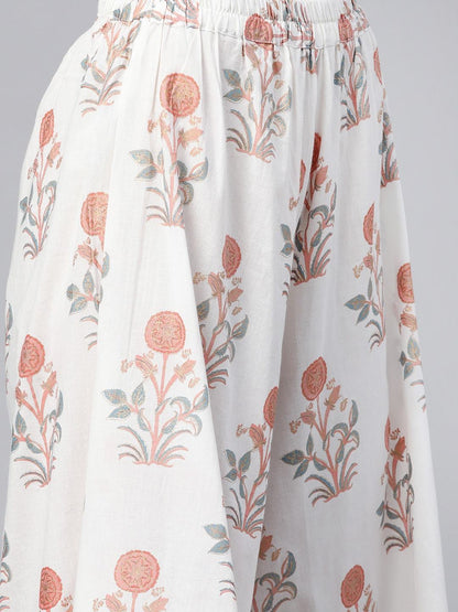 Women's  White & Pink Floral Foil Print Kurta with Palazzos & Dupatta