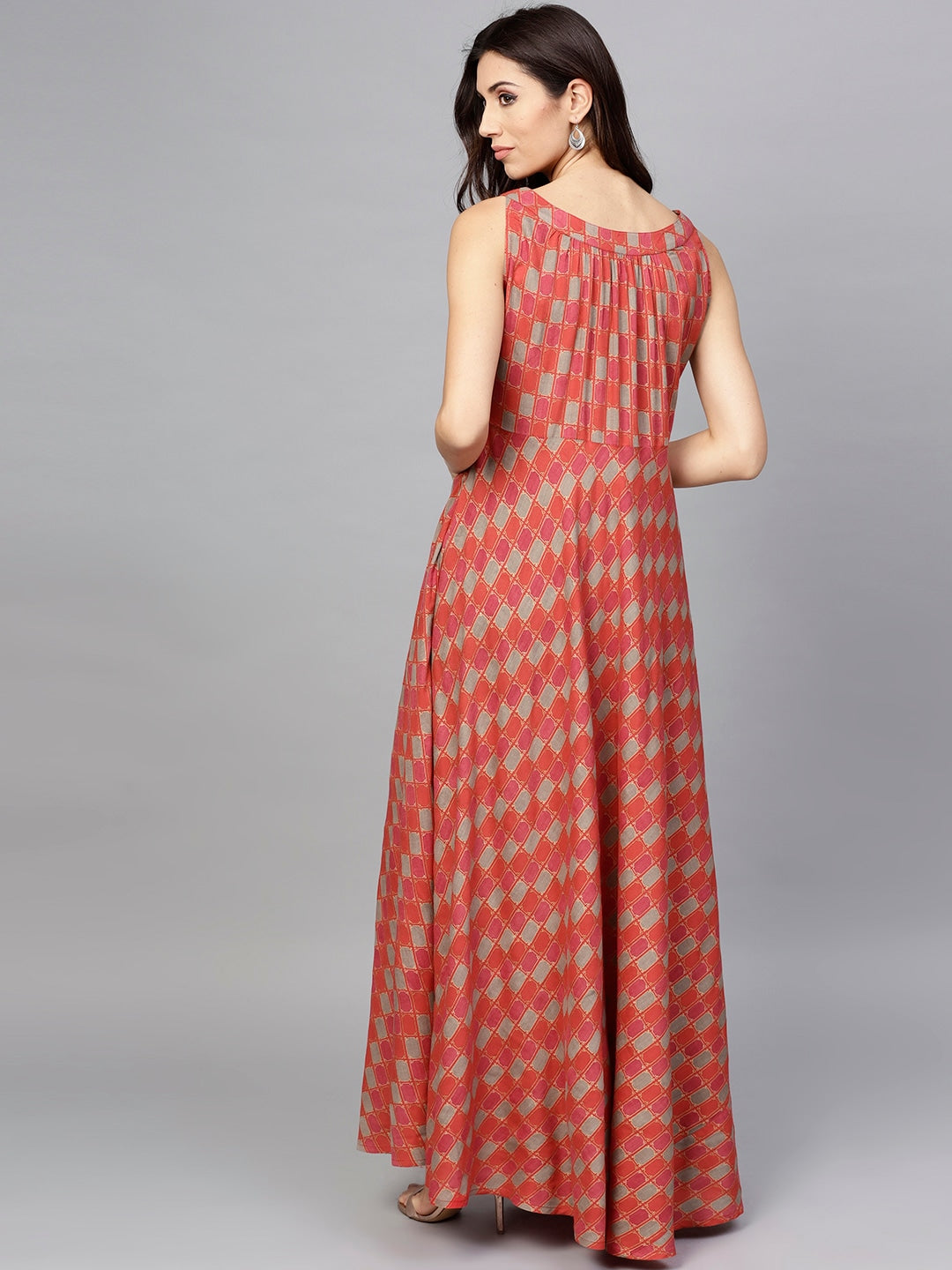Women's Red Printed Sleeveless Flared Maxi Dress