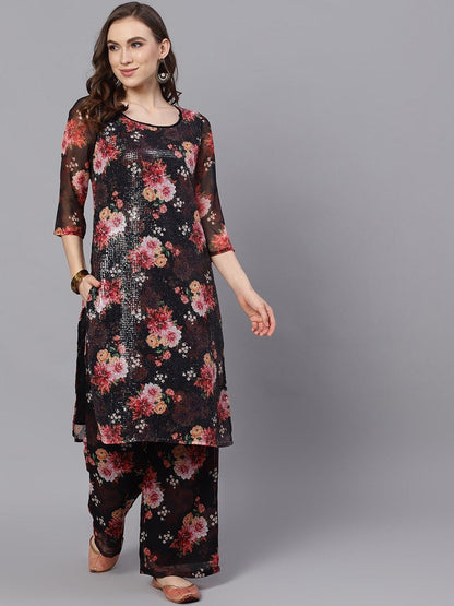 Women's  Black & Red Printed Kurta with Palazzos