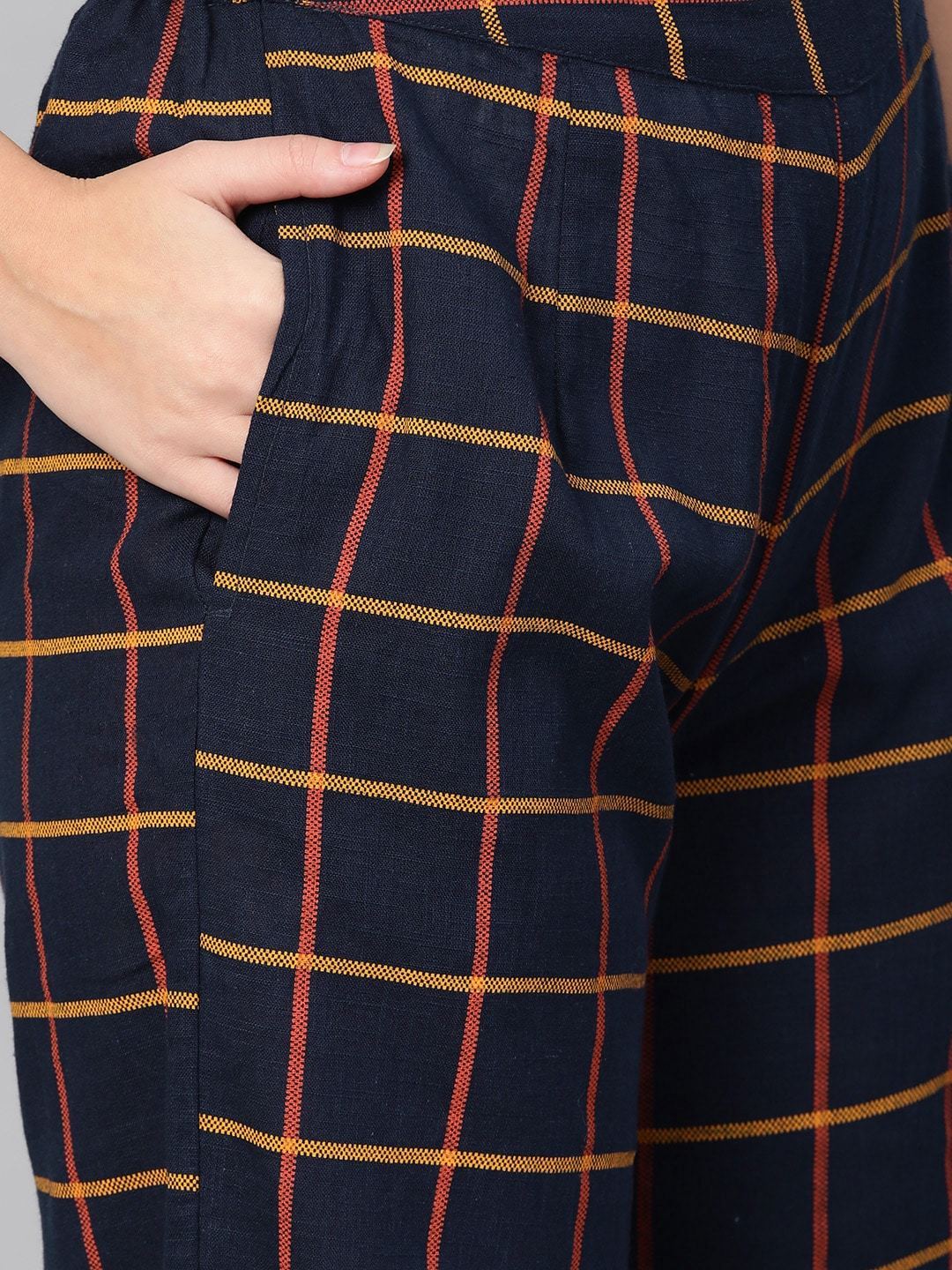Women's  Navy Blue & Yellow Checked Kurta with Palazzos