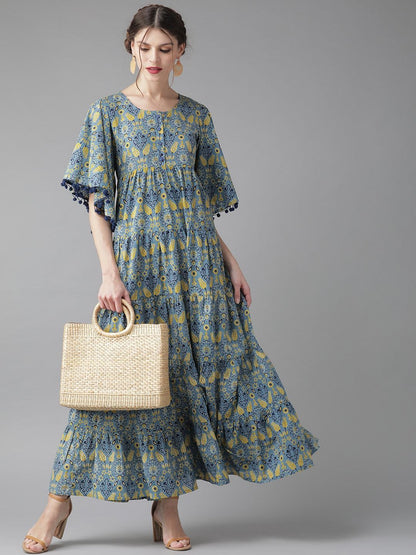 Women's  Blue & Yellow Printed Tiered Maxi Dress