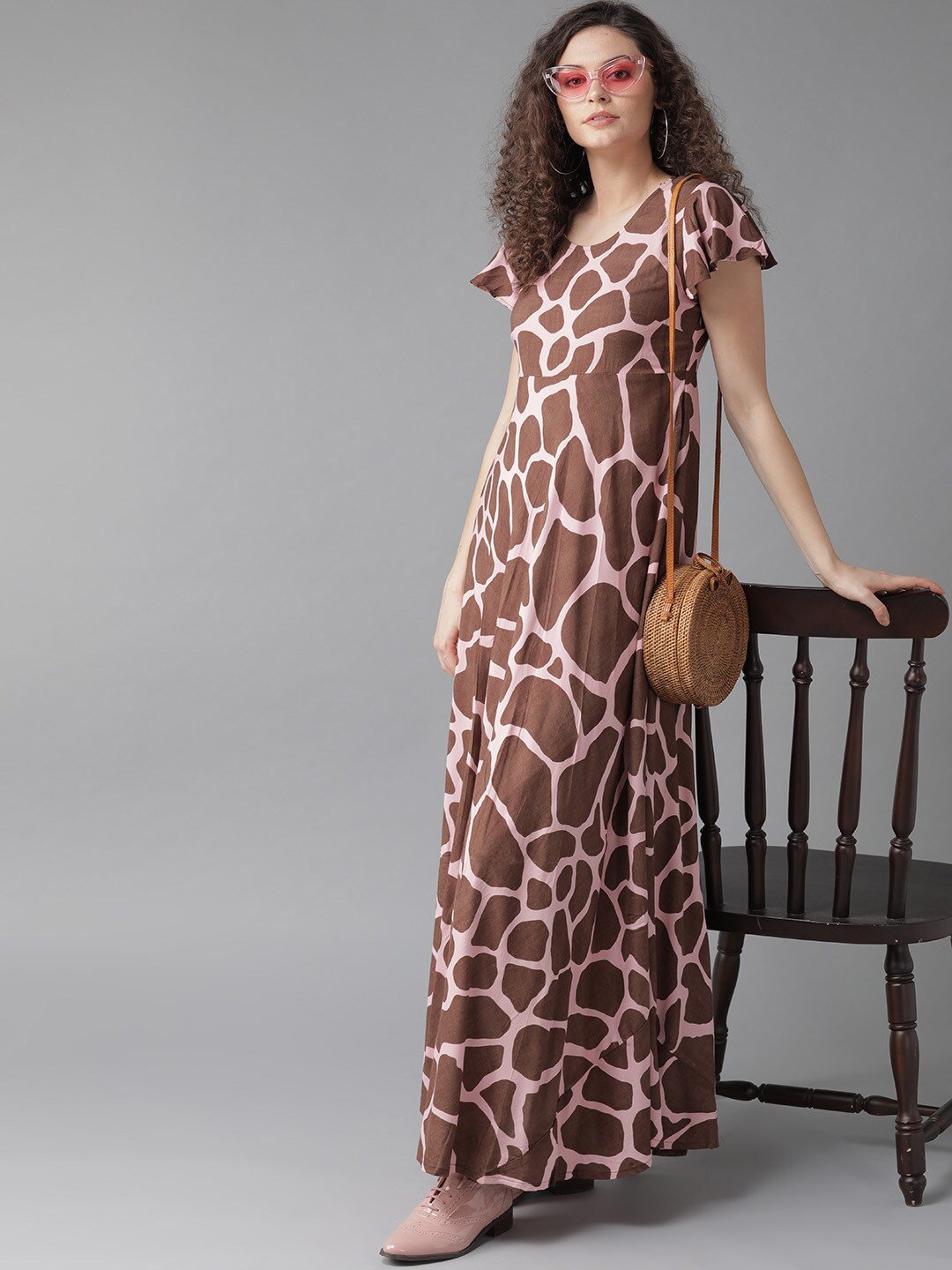 Women's  Pink & Brown Animal Printed Maxi Dress