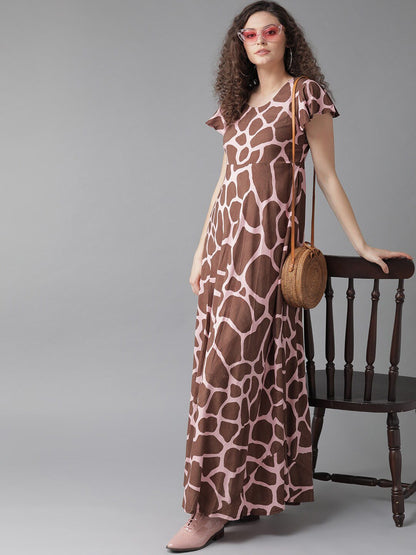 Women's  Pink & Brown Animal Printed Maxi Dress