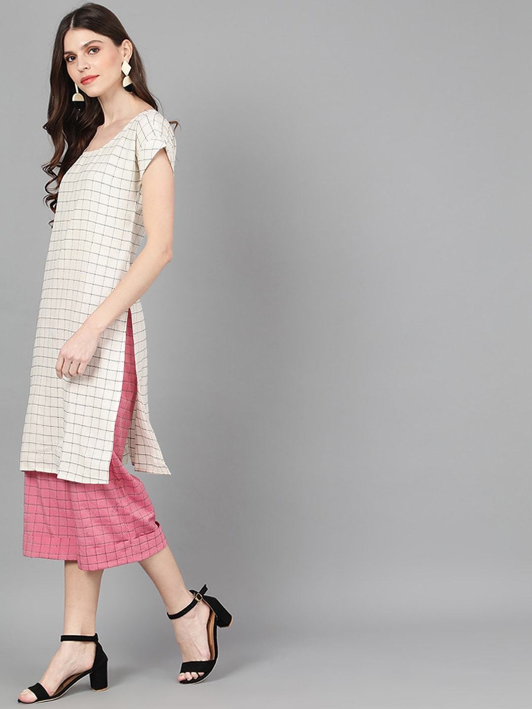 Women's  White & Pink Woven Design Kurta with Palazzos