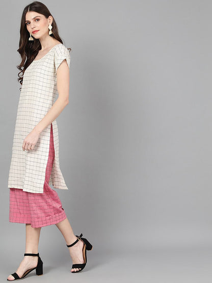 Women's  White & Pink Woven Design Kurta with Palazzos