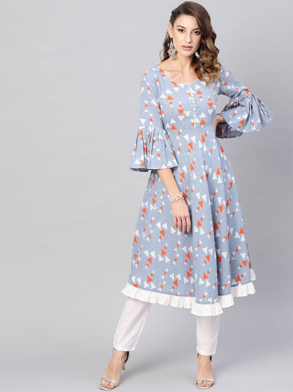 Women's  Blue & Orange Printed Anarkali Kurta