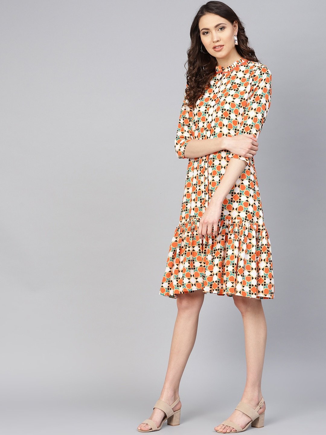 Women's Orange & White Printed Dress